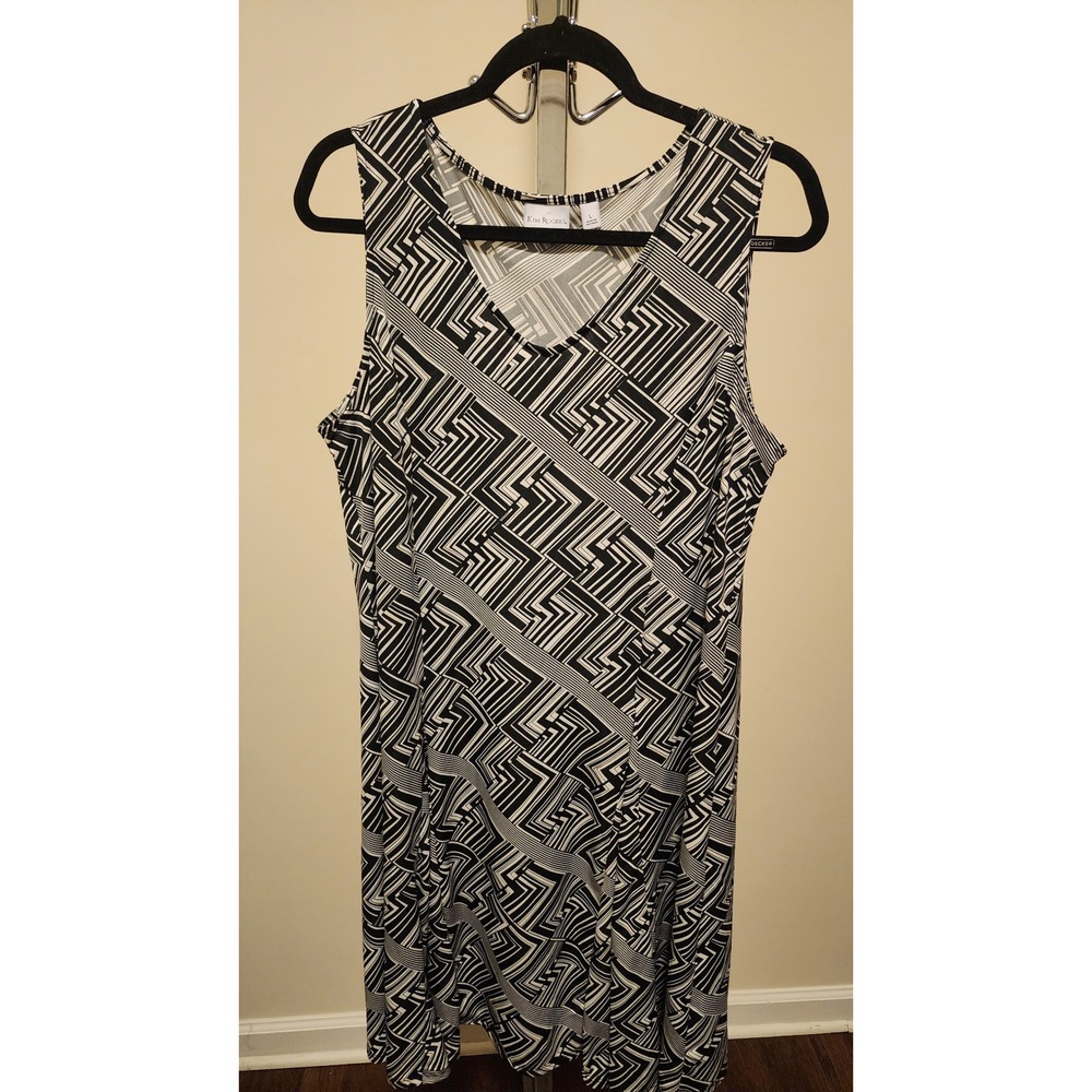 Kim Rogers Womens Black White Geometric Print V-Neck Sleeveless Shift Dress L
